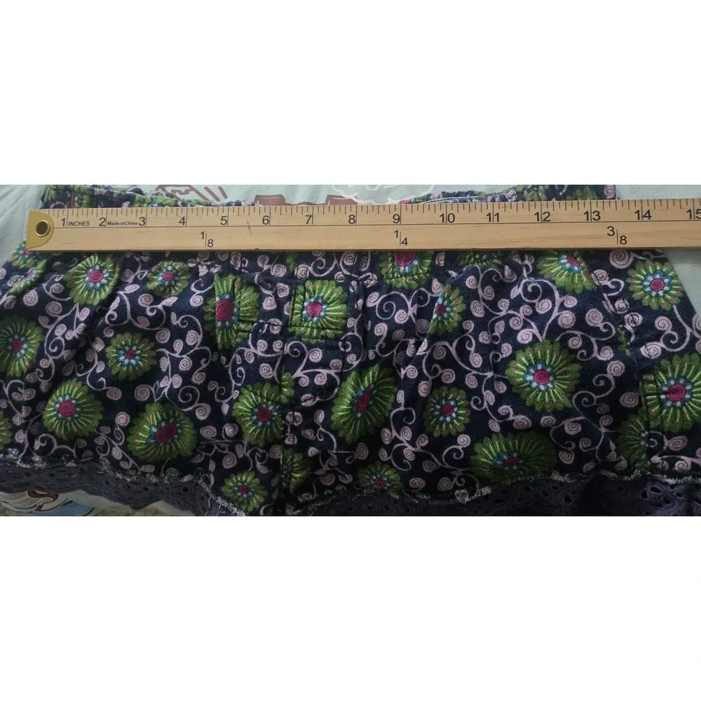 Free People Floral Paisley Green Blue Micro Shorts Eyelet Lace Elastic Band Sz S